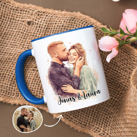 Bedruckte Tasse im Aquarell Stil - Foto Pärchen - Personalisiert mit eigenem Bild