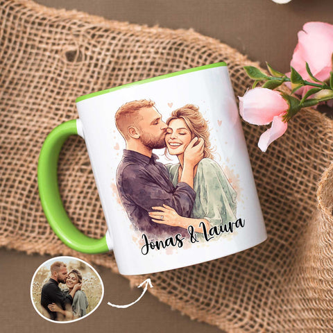 Bedruckte Tasse im Aquarell Stil - Foto Pärchen - Personalisiert mit eigenem Bild