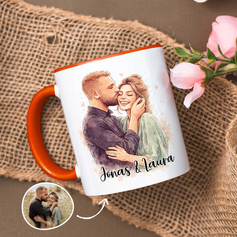 Bedruckte Tasse im Aquarell Stil - Foto Pärchen - Personalisiert mit eigenem Bild