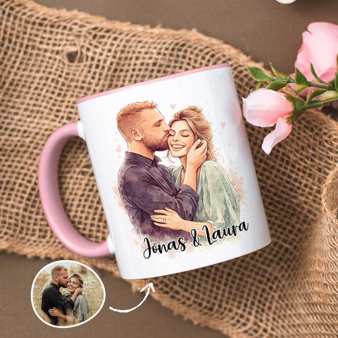 Bedruckte Tasse im Aquarell Stil - Foto Pärchen - Personalisiert mit eigenem Bild