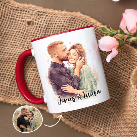Bedruckte Tasse im Aquarell Stil - Foto Pärchen - Personalisiert mit eigenem Bild