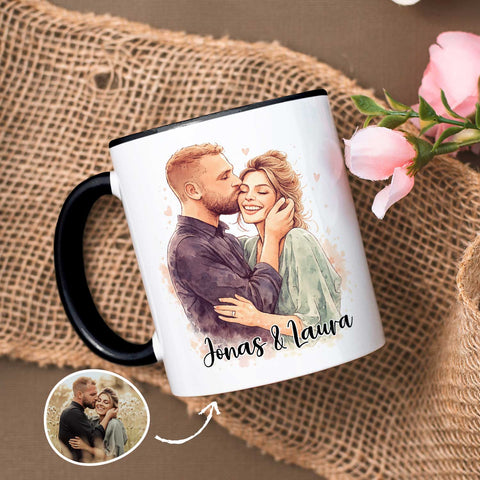 Bedruckte Tasse im Aquarell Stil - Foto Pärchen - Personalisiert mit eigenem Bild