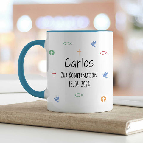 Bedruckte Tasse mit Motiv - Zur Erstkommunion & Konfirmation - Personalisiert mit Name & Datum
