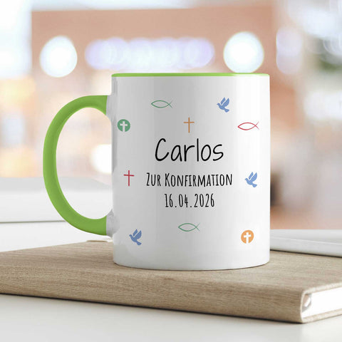 Bedruckte Tasse mit Motiv - Zur Erstkommunion & Konfirmation - Personalisiert mit Name & Datum