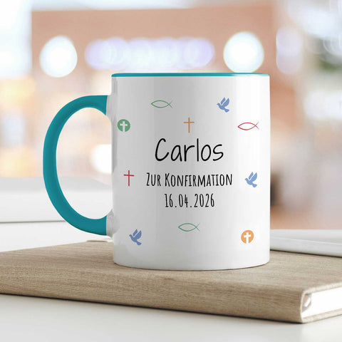 Bedruckte Tasse mit Motiv - Zur Erstkommunion & Konfirmation - Personalisiert mit Name & Datum