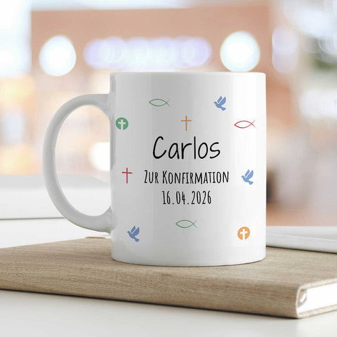 Bedruckte Tasse mit Motiv - Zur Erstkommunion & Konfirmation - Personalisiert mit Name & Datum