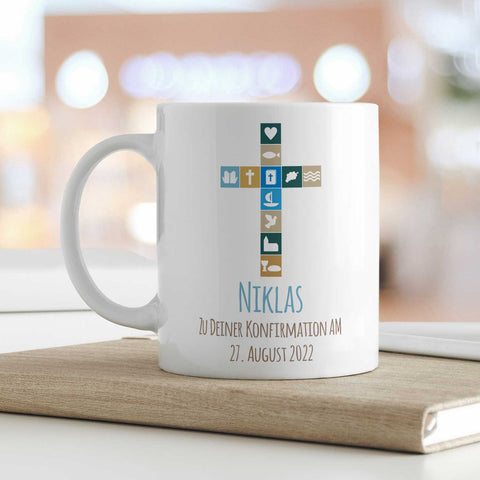 Bedruckte Tasse mit Motiv - Zur Konfirmation V2 mit Name & Datum