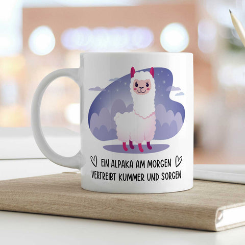 Bedruckte Tasse mit Spruch Alpaka am Morgen