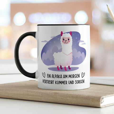 Bedruckte Tasse mit Spruch Alpaka am Morgen