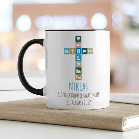 Bedruckte Tasse mit Motiv - Zur Konfirmation V2 mit Name & Datum