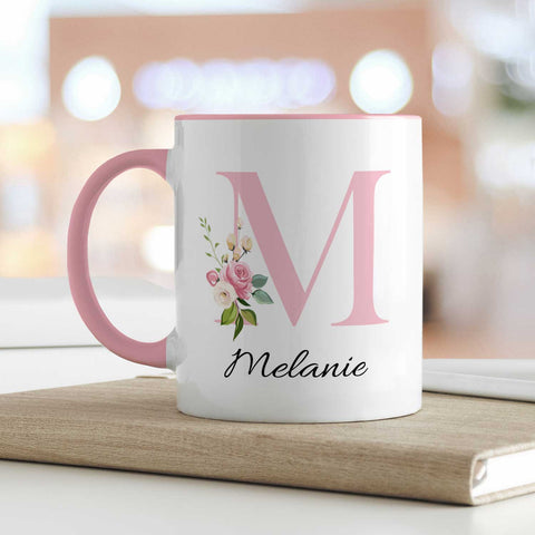 Bedruckte Tasse - Initial Floral Rosa mit Namen