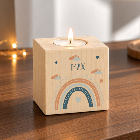 Teelichthalter aus Holz mit UV Druck - Regenbogen Design - Personalisiert mit Namen