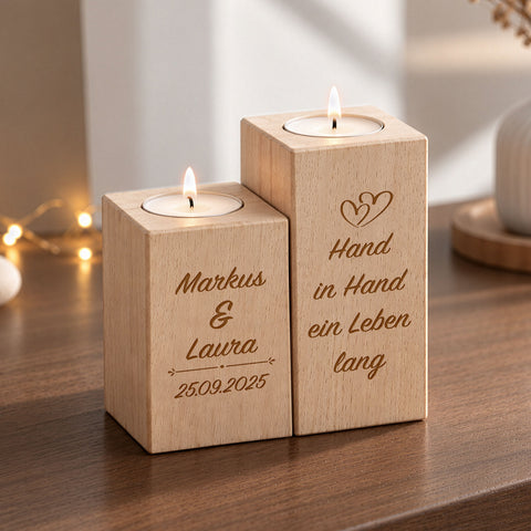 Graviertes Teelichthalter Set aus Holz im "Hand in Hand" Design