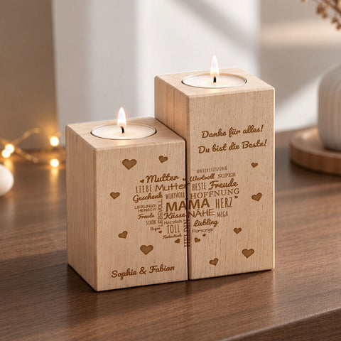 Gravierter Teelichthalter aus Holz im Set mit Namensherz Mama Design