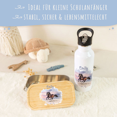 Bedruckte Brotdose & Trinkflasche im Set - Pferd