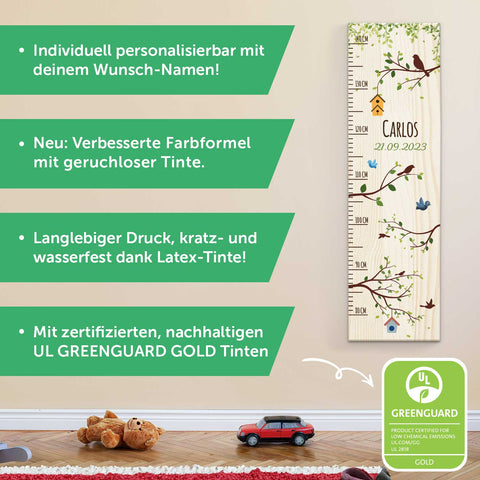 Messlatte mit Namen für Kinder im Vögel Design