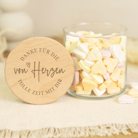 Graviertes Vorratsglas mit Holzdeckel - Danke von Herzen V2