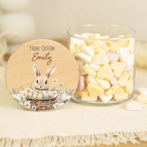Bedrucktes Vorratsglas mit Holzdeckel - Frohe Ostern - Versch. Motive