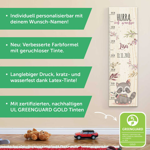 Messlatte mit Namen für Kinder im Waschbär Design
