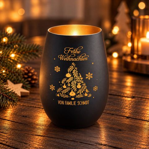 Deko Windlicht aus Glas mit Gravur - Frohe Weihnachten - Personalisiert mit Namen - Schwarz-Gold