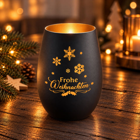 Deko Windlicht aus Glas mit Gravur - Frohe Weihnachten Schneeflocke - Schwarz-Gold