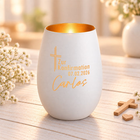 Deko Windlicht mit Gravur - Kreuz Design - Zur Kommunion Konfirmation oder Taufe - Mit Namen & Datum