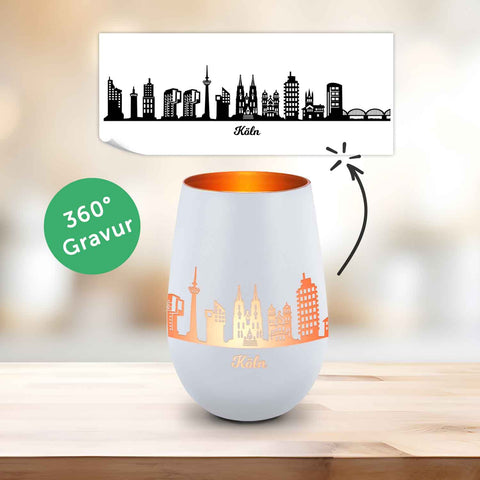Deko Windlicht aus Glas mit Gravur - Skyline Köln