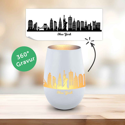 Deko Windlicht aus Glas mit Gravur - Skyline New York