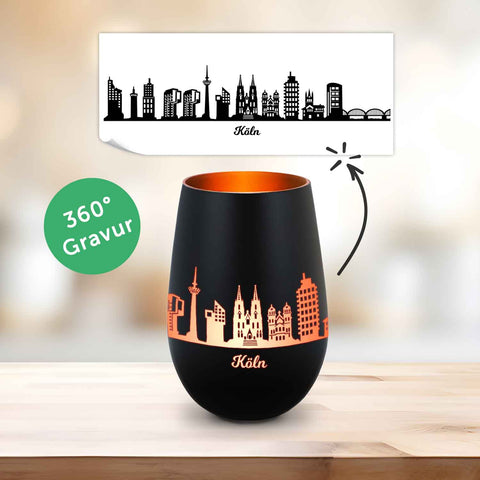 Deko Windlicht aus Glas mit Gravur - Skyline Köln