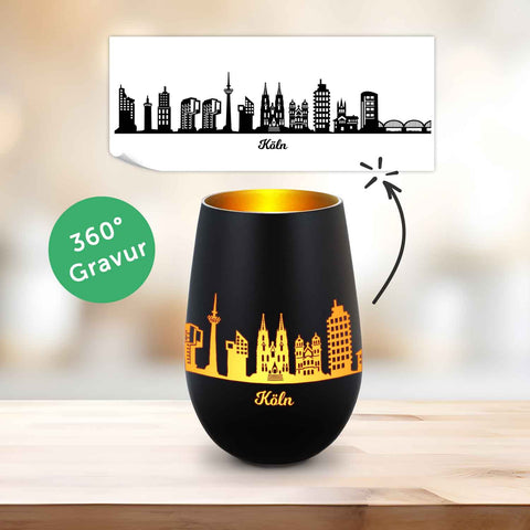 Deko Windlicht aus Glas mit Gravur - Skyline Köln