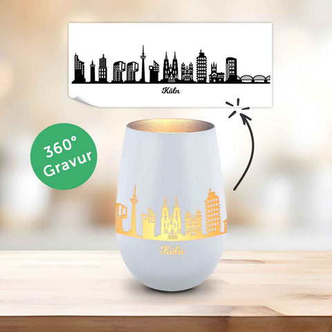 Deko Windlicht aus Glas mit Gravur - Skyline Köln