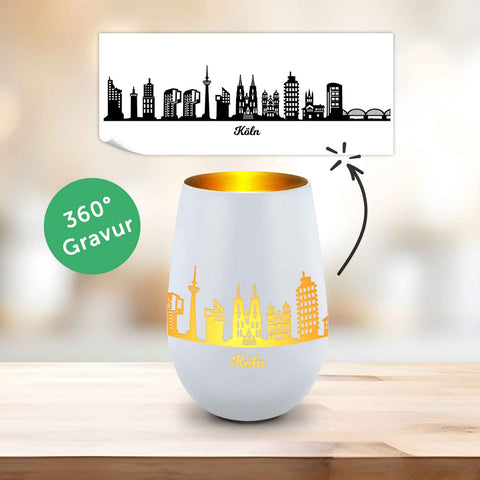 Deko Windlicht aus Glas mit Gravur - Skyline Köln
