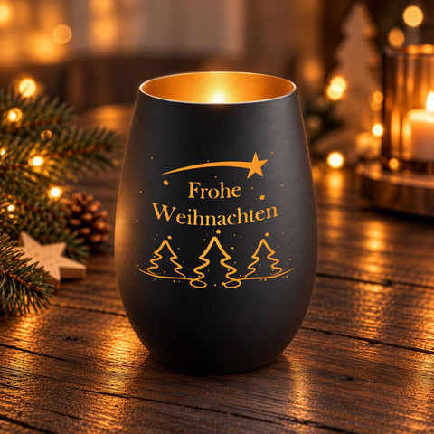 Deko Windlicht aus Glas mit Gravur - Tannenbaum - Frohe Weihnachten - Schwarz-Gold