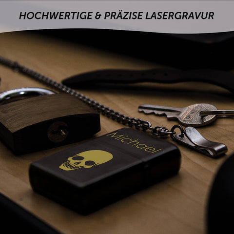 GRAVURZEILE x ZIPPO Personalisiertes Sturmfeuerzeug - Wunschtext & Icon - Windfest und Langlebig - Nachfüllbar
