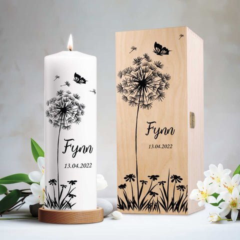 Große Kerze "Pusteblume Schmetterling" - Trauerkerze mit Namen, Datum & Wunschtext
