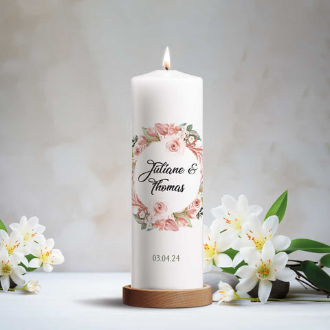 Große Kerze "Floral White" - Hochzeitskerze mit Namen, Datum & Wunschtext
