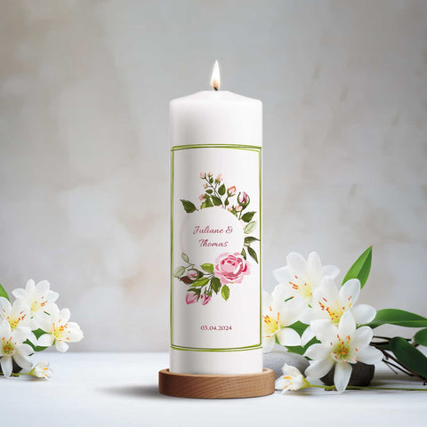 Große Kerze "Green Flower" - Hochzeitskerze mit Namen, Datum & Wunschtext