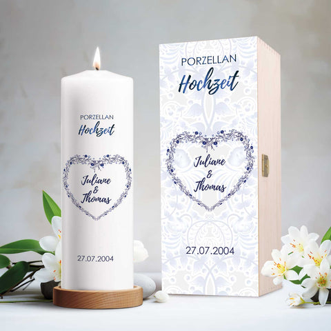 Große Kerze "Porzellanhochzeit" - Hochzeitskerze mit Namen, Datum & Wunschtext