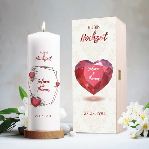 Große Kerze "Rubinhochzeit" - Hochzeitskerze mit Namen, Datum & Wunschtext