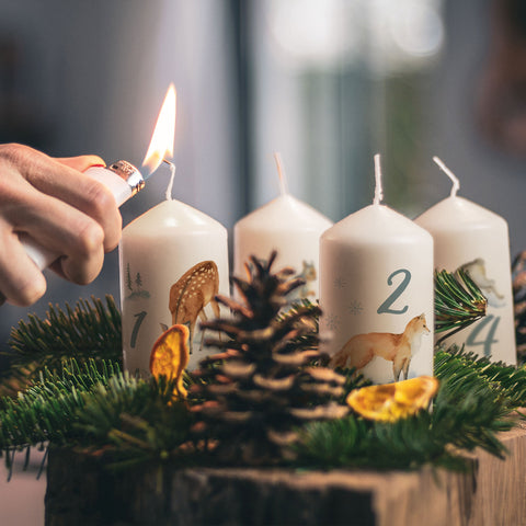 Kleine Kerzen - Advent Wintertiere Aquarell - Adventskerzen im 4er Set