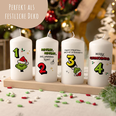 Kleine Kerzen "Advent Grinch" - Adventskerzen im 4er Set