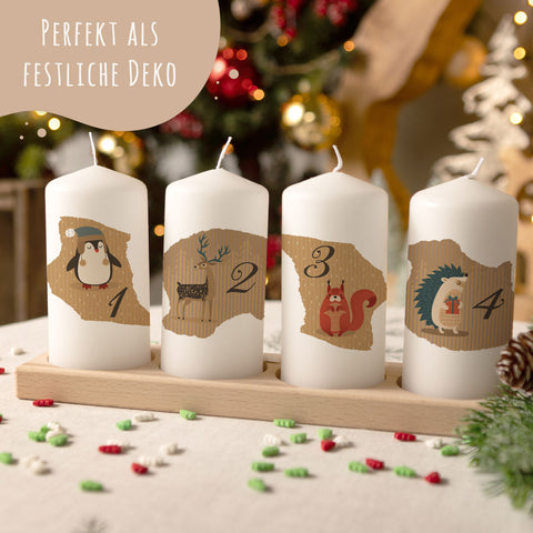 Kleine Kerzen "Advent Tiere Vintage" - Adventskerzen im 4er Set