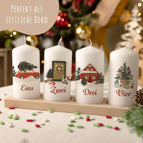 Kleine Kerzen "Advent Weihnachtsmotive" - Adventskerzen im 4er Set