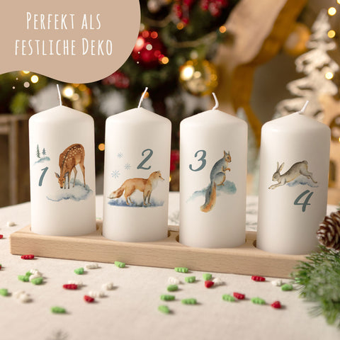 Kleine Kerzen "Advent Wintertiere Aquarell" - Adventskerzen im 4er Set