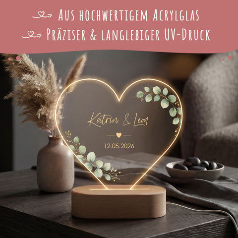 GRAVURZEILE Beleuchtetes Acrylglas - Eukalyptuskreis & Herzmotiv - Personalisiert mit Namen & Datum - Geschenk zur Hochzeit, Jahrestag & Valentinstag - 17 cm, 14,5 cm