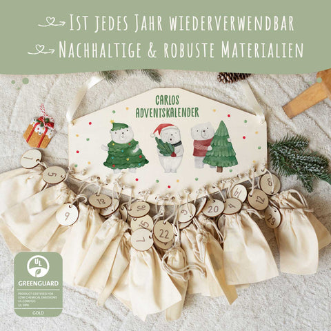 Personalisierter Adventskalender aus Holz mit Druckmotiv & Namen - Eisbären