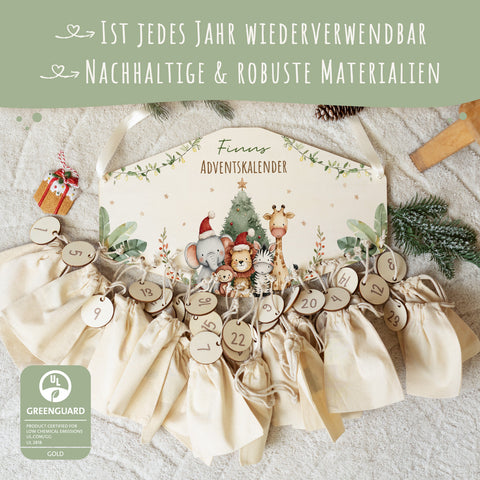 Personalisierter Adventskalender aus Holz mit Druckmotiv & Namen - Safari Weihnachten