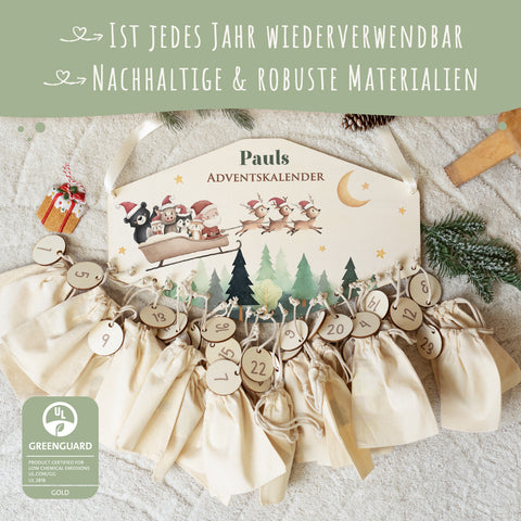 Personalisierter Adventskalender aus Holz mit Druckmotiv & Namen - Schlitten