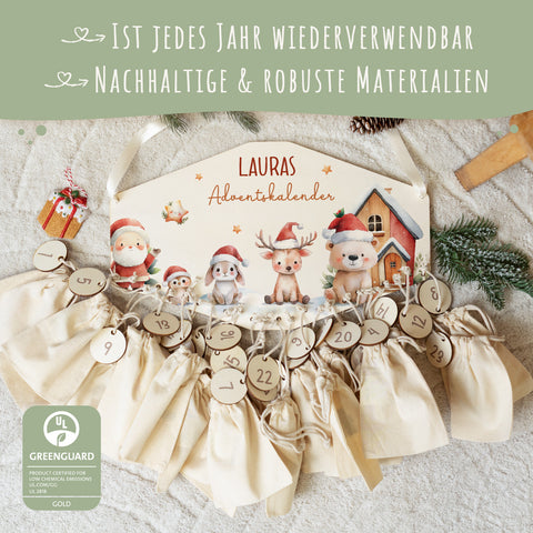 Personalisierter Adventskalender aus Holz mit Druckmotiv & Namen - Schneetiere
