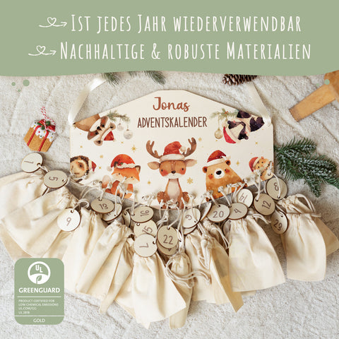 Personalisierter Adventskalender aus Holz mit Druckmotiv & Namen - Waldtiere Mütze